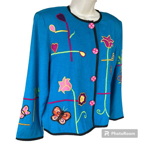 VTG Draper's & Damon's Button Up Jacket Applique Flowers Butterflies Petite M - Picture 3 of 11